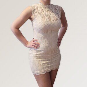 Sexy Lace Bodycon Mini Dress, Cream Delicate Feminine Prom Dress, Size XS